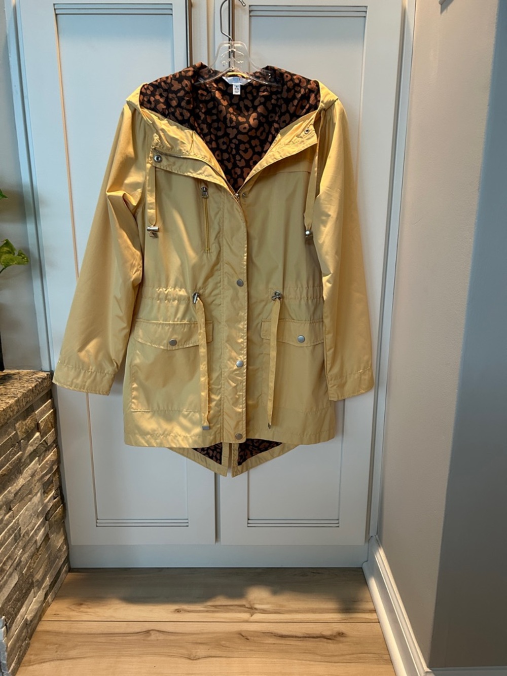 Time and Tru Yellow Hooded Rain Coat with Leopard Lining